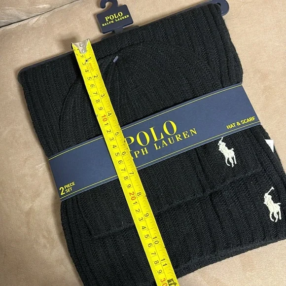 Polo Ralph Lauren Hat & Scarf set-35% wool -Black with white logo